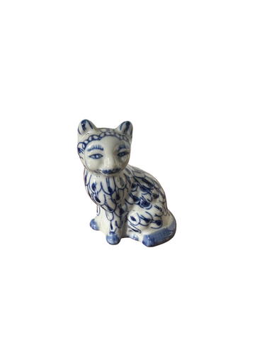 Vintage Blue and White Asian Ceramic Cat Sculpture