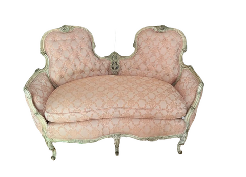 1970s Vintage French Pink Cushioned Settee With White Wooden Detailed Frame