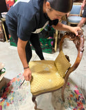 Mid Century Modern Wooden Carved Chair With Yellow Cushions and Attached Pillow