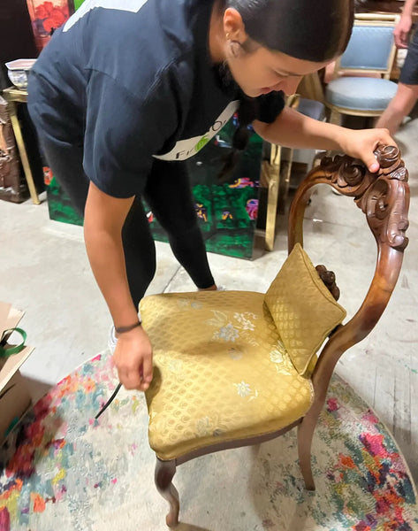 Mid Century Modern Wooden Carved Chair With Yellow Cushions and Attach ...