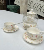 Glass and Ceramic Tea Set With Painted Pink Rose Details- Set of 9