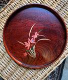 Vintage Round Wooden Asian Style Tray With Floral Accents