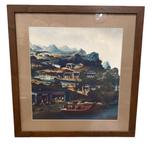 Asian Fishing Village Scene With Wooden Frame