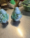 Vintage Pair of Blue Ceramic Salt and Pepper Shakers With Fruit and Vine Details
