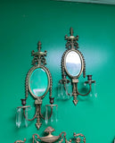 Pair of Vintage Brass and Crystal French Mirrored Candle Wall Sconces
