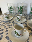 Collection of Vintage Mistletoe Glassware, Espresso Cups With Saucers