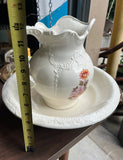 Large White Ceramic Teapot and Bowl With Floral Details