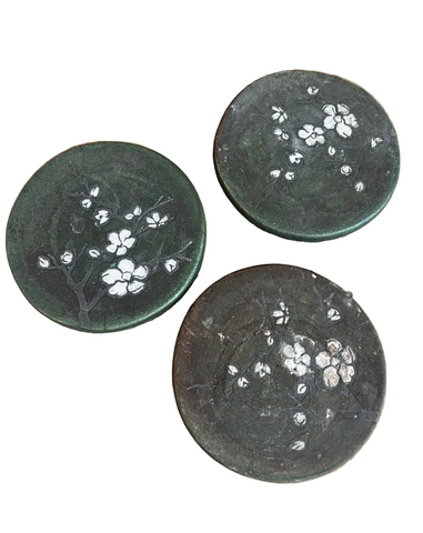 Vintage Collection of Stone Asian Style Coasters With Floral Accents- Set of 3