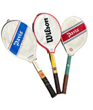 Collection of Vintage Wooden Wilson Tennis Rackets With Cover and Blue and Yellow Accents