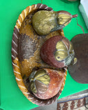 Vintage Pottery Fruit and Basket With Brass Accents