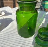 Trio of Matching Green Glass Jars, Including Mini