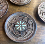 Collection of Hand Carved Wooden Coasters With Holder