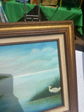 Lighthouse and Egrets Seascape Painting on Canvas, Signed by the Artist, Framed