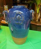 Oversized Blue Ceramic Vase With Metal Ears