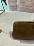 Small Brown Leather Etra Kiss-Lock Clutch With Key Accent