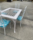 1970s White Wicker Dining Table With Metal Chairs and Blue Accent Cushions