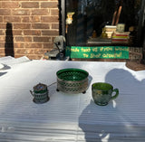 Trio of Green Glass and Silver Serving Pieces