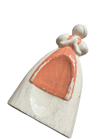 Small Ceramic Pink and White Figurine of Woman in Apron