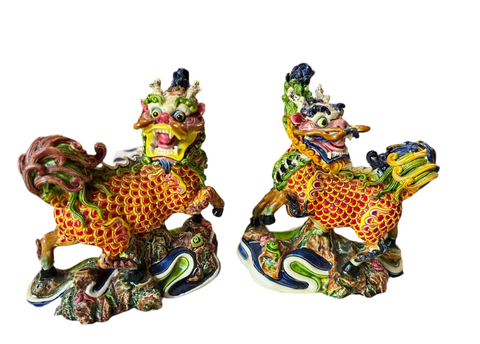 Pair of Small Asian Colorful Ceramic Foo Dog Decorative Pieces