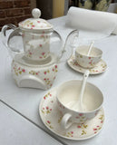 Glass and Ceramic Tea Set With Painted Pink Rose Details- Set of 9