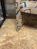 Pair of Fun Design Covered Tan Chairs on Wheels- Missing 1 Wheel