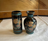 Miniature Vintage Pair of Black Ceramic Asian Style Vases With Floral Accents