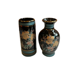 Miniature Vintage Pair of Black Ceramic Asian Style Vases With Floral Accents