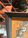 Vintage Orange Asian Painting in Wooden Frame