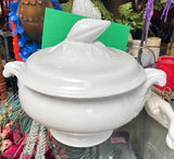 Large White Ceramic Serving Bowl With Matching Lid in a Nautical Style