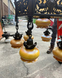 Vintage Heavy Brass Detailed Chandelier With Stained Glass Accents