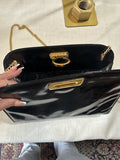 Vintage Black Salvatore Ferragamo Shiny Black Crossbody Purse With Gold Details
