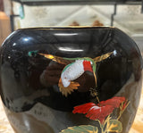 Asian Ceramic Vintage Black Thin Vase With Hummingbird Accents