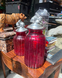 Pair of Red Glass Jars With Silver Bunny Lids
