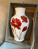 Vintage Ceramic Okura China, Inc White Vase With Red Flowers, Box Included