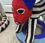 Red and Blue Wooden Hand Beaded African Stool