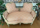 1970s Vintage French Pink Cushioned Settee With White Wooden Detailed Frame