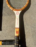 Collection of Vintage Wooden Wilson Tennis Rackets With Cover and Blue and Yellow Accents