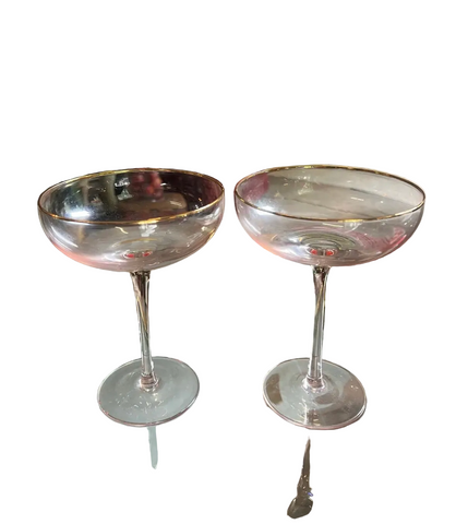 Pair of Pink Depression Champagne Glasses With Gold Rim Accents