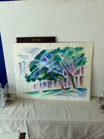 Abstract Watercolor Painting of Tree Outside Building