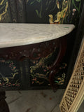 Dark Wooden Oval Mirror and Console Table With Marble Top Pair