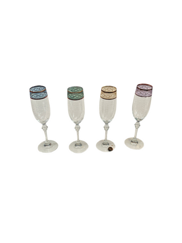 Beautiful Collection of Italian Cristalleria Fumo Handmade Champagne Glasses With Gold and Multi Colored Rims