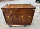 1970s Thomasville Campaign Style Walnut Bar Cart With Cabinet and Extendable Flip Top