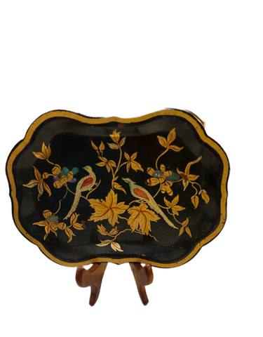 Vintage Asian Floral Black Lacquered Tray With Gold Accents