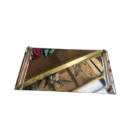 Mirrored Glass Decorative Tray With Lucite Handles and Brass Accents