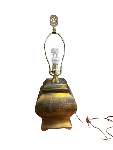 Vintage Asian Style Brass Table Lamp with Etched Cherry Blossom Tree Details