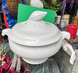 Large White Ceramic Serving Bowl With Matching Lid in a Nautical Style
