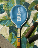 Vintage Collection of Wilson Wooden Tennis Rackets With Blue Accents, Cover, and Guard