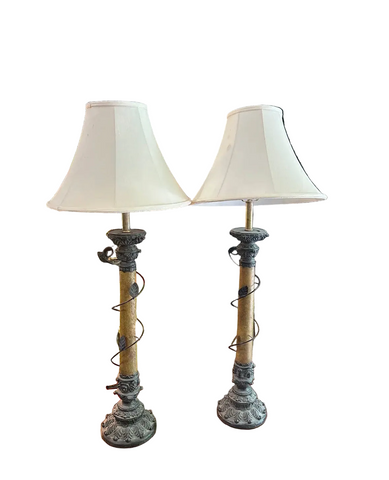 Pair of Vintage Metal Work Table Lamps With Leaf Accents
