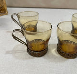 Amber Colored Glasses With Brass Handles and Greek Key Accents- Set of 4