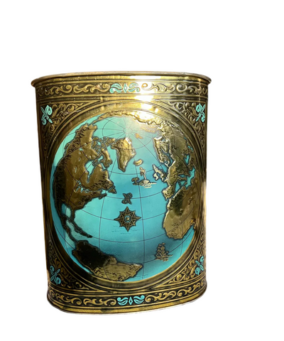 Small Gold World Map Wastebasket With Teal Accents